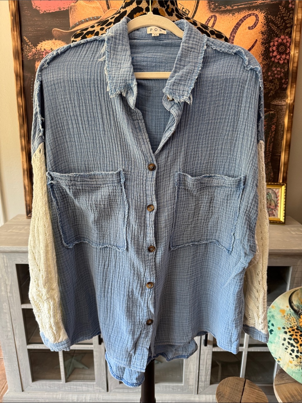 POL Blue Cotton Button-Up Shirt with Cream Knit Sleeves Sz Med